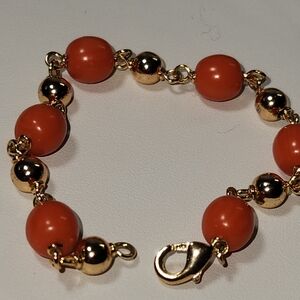 #2482, SIGNED LS, 14K REAL GOLD BABY BRACELET, JAPANESE MOMO CORAL, 5.5"IN